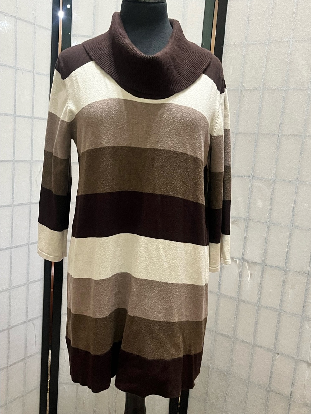 STYLE & CO Striped Brown and Cream Cowl Neck Women's Sweater dress SIZE L